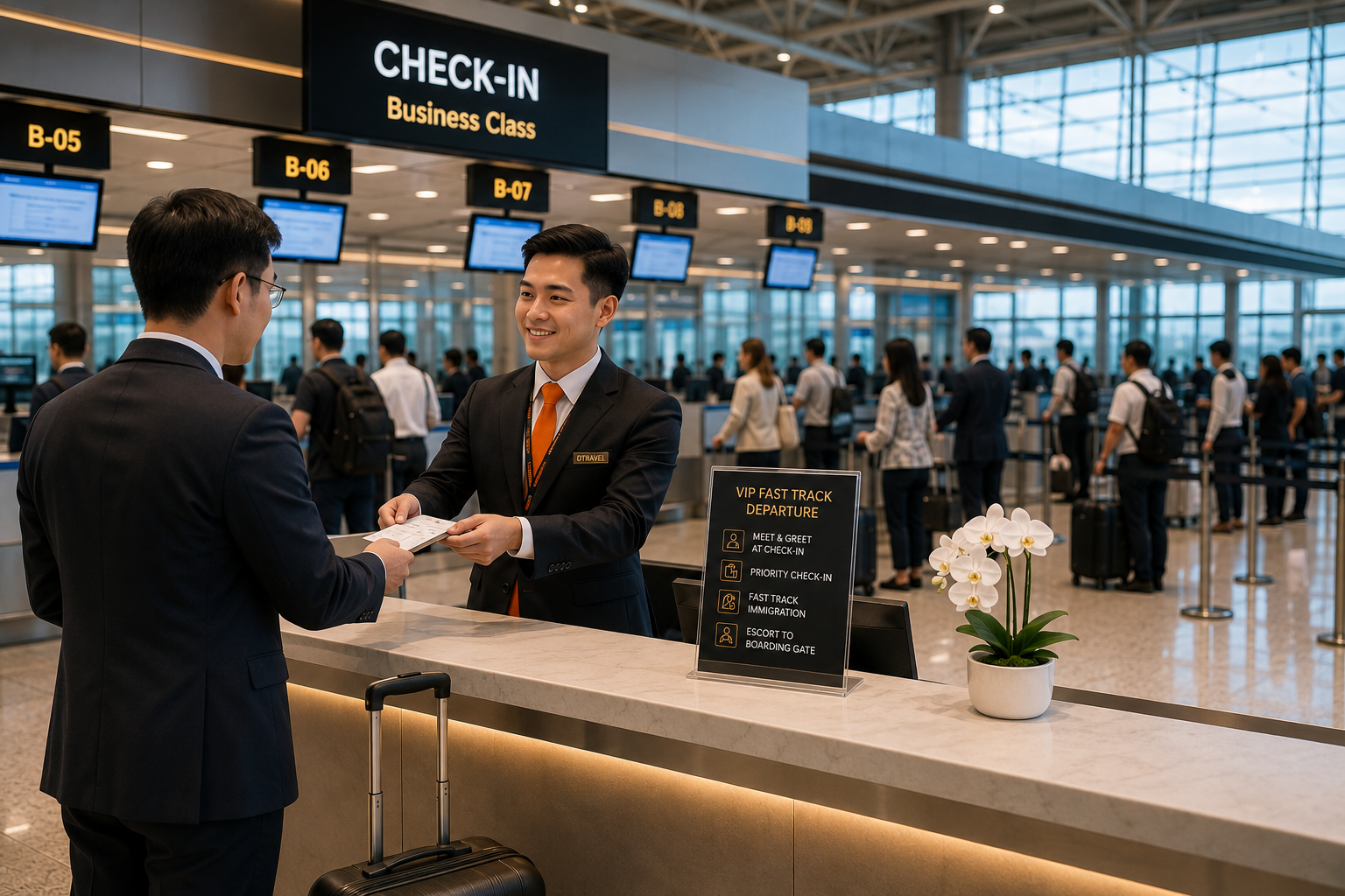 Professional VIP Departure Fast Track Service at Tan Son Nhat International Airport (SGN), including meet and greet, priority check-in assistance, fast-track security clearance, immigration support and escort to boarding gate. Available for business travelers, families and VIP guests.